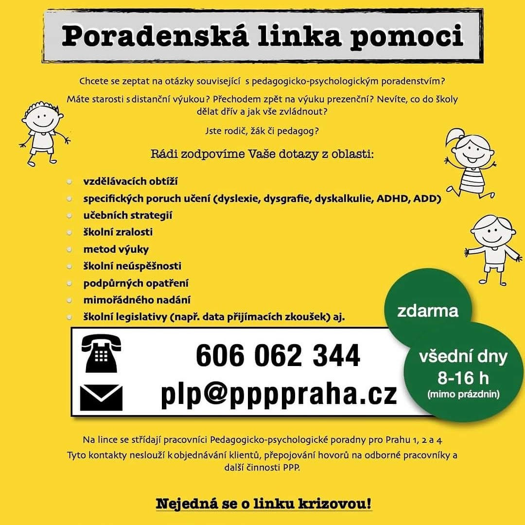Výchovné poradenství - Poradenská linka pomoci - telefon +420 606 062 344, email plp@ppppraha.cz